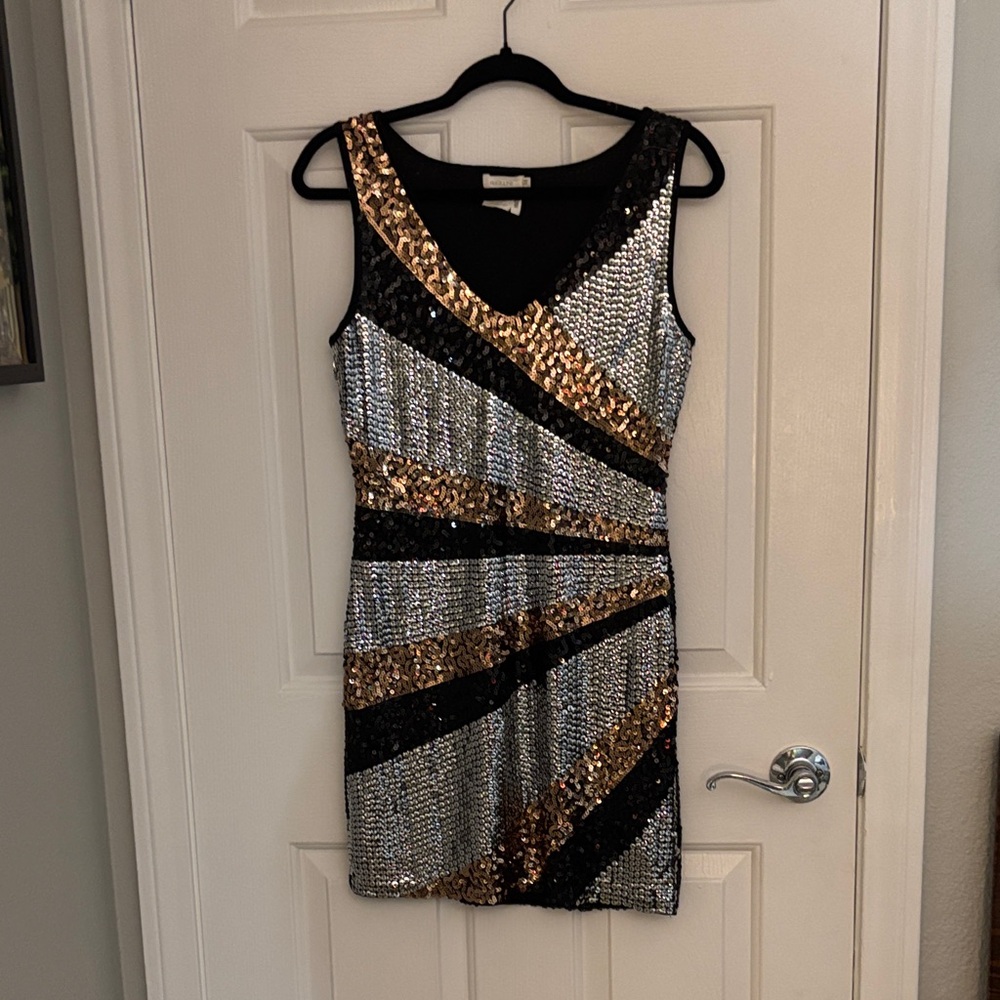 Sequin V-Neck Mini Dress in Black, Silver & Gold